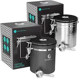Coffee Gator Coffee Canister, 2pack 16oz Airtight Stainless Steel Kitchen Food Storage Container with Date Tracker, Scoop for Grounds Coffee Bar Accessories, Beans, Tea, Sugar, Flour - Gray&Silver