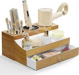 GFWARE Acrylic Hair Dryer Holder with Drawer, Bathroom Organizer Countertop Drawers with 3 Stainless Cups, Makeup Vanity Accessories, Hair Hot Tools Organizer, Toiletry, Wood