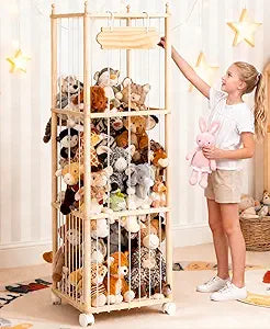 Stuffed Animal Storage - Wooden Large Organizer Holder for Kids' Room and Playroom - Plush Zoo Animals Holder with Elastic Cords & Brake Wheel for Toddler Bedroom Toy Stuff Organization