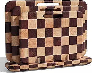 SMIRLY Wooden Cutting Boards for Kitchen, Double-Sided Cutting Board with Handle, Heavy Duty Solid Rubber Wood Cutting Board Set with Stand, 3 Pcs Cutting Boards Non Toxic for Meat Vegetable Fruit