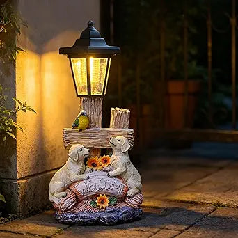 Outside Dog Statue with Solar Lantern, Garden Welcome Sign Dog Solar Figurines Light, Patio Outdoor Decoration, Balcony Lawn Decor, Unique Birthday House Warming Gift for Women, Mom, Grandma