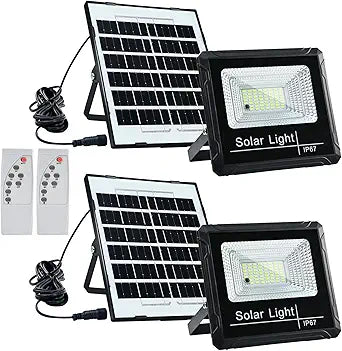 Solar Flood Lights Outdoor Waterproof - IP67 Security Floodlight Dusk to Dawn Auto On/Off, 6500K Solar Powered Lights Outside with Remote Control for Wall Porch, Patio, Backyard, Garden, Shed - 2 Pack