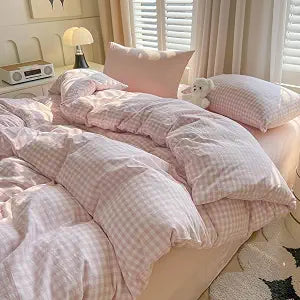LifeTB Pink Gingham Duvet Cover Grid Bedding Set Full Aesthetic Pink White Plaid Checkered Comforter Cover 100% Washed Cotton Farmhouse Gingham Bedding Set Soft Breathable Duvet Cover Full