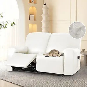 100% Waterproof PU Leather Recliner Loveseat Slipcovers 6-Pieces Stretch Reclining Couch Covers for 2 Seat Anti-Slip Elastic Strap Furniture Protector for Kids, Pets (Cream, 2 Seater)