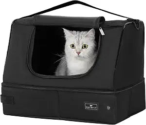 PETSFIT Portable Travel Cat Litter Box  Collapsible, 2-Layer Leak-Proof Washable Liner with Sturdy Support Frame, for Hotel/Car/Camping, Cat Travel Essentials for Kitty/Medium Cats Solid Black