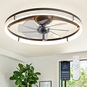LUDOMIDE 24 Inch Ceiling Fans with Lights and Remote, Modern Low Profile Ceiling Fan, Dimmable LED Light, Quite Reversible DC Motor, 6 Wind Speeds Flush Mount Ceiling Fans for Bedroom Indoor