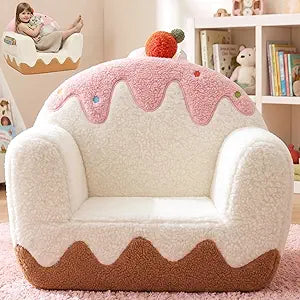 OUOZZZ Toddler Chair for Ages 16, Soft Sherpa Kids Sofa with Book Pocket & Carry Handle, Cozy Single-Seat Couch for Playroom or Bedroom, Birthday Gift for Girls (Ice Cream)
