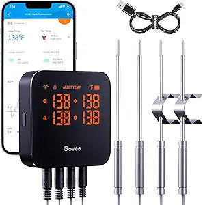 Govee WiFi Meat Thermometer with 4 Probe, Smart Wireless Meat Thermometer with Unlimited Range App Notification Alert, Digital Rechargeable Bluetooth Food Thermometer for Smoker BBQ Grill Oven Kitchen