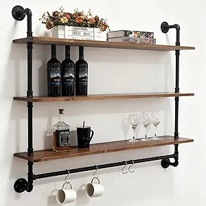 Industrial Pipe Shelving Pine Shelf,Pipe Shelves with Wood Planks,Wall Mounted Bookshelf,Floating Bar Shelves(3 Tier 48In)