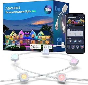 ASAHOM Permanent Outdoor Lights Pro S108B, 100FT with 72 RGBCW LED Lights, WLED Integrated, 70lm White, 30000 Dynamic Effect, AI Lighting, Extend to 800FT for Holiday Decor and Daily Lighting, White
