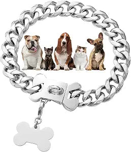 Silver Chain Dog Collar 19mm Stainless Steel Cuban Link Dog Collar with Secure Snap Buckle Silver Dog Chain Metal Collar for Small Medium Pitbull (19MM, 22")