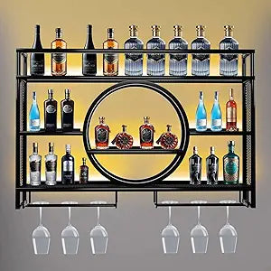 Metal Wine Rack Wall Mounted with LED Light, 3-Tier Bar Liquor Shelf with Wine Glass Holder, Modern Large Capacity Liquor Bottle Display Storage Shelf for Home Bar, Dining Room(Black, 120 * 80 * 15)
