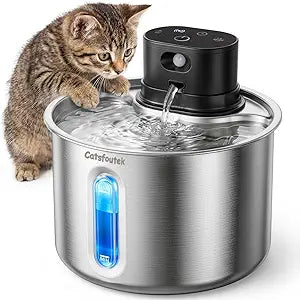 Wireless Cat Water Fountain Cordless Stainless Steel Cat Fountain Battery Operated 74oz/2.2L Rechargeable Automatic Pet Water Fountain for Cats Indoor