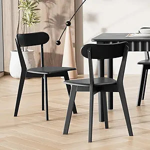 Solid Wood Dining Chairs Set of 2, Mid Century Modern Dining Room Chairs with Curved Backrest, Wooden Armless Kitchen Chairs for Dining Room, Space Saving, Black