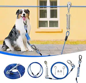 Dog Runner for Yard,Double Shock Absorption Trolley System for Large Dogs,Heavy Duty 75FT Tie Out Run Cable with 10FT Leads,for Dogs Up to 250LBS,Aerial Zipline for Outside,Camping