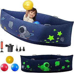 60'' Sensory Peapod Chair for Kids,Inflatable Bean Bag Chair with Space Print Glow-in-Dark,Professional Calm Lounger with 3 Sensory Balls & Electric Pump,Deep Blue