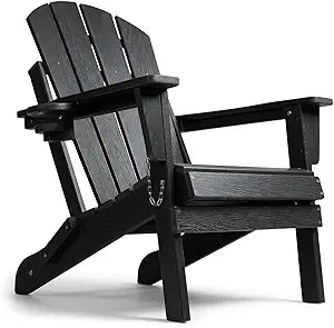 HDPE Folding Adirondack Chair, Outdoor Patio Chair with Cup Holder, Weather Resistant Wood Grain Lawn Chair for Backyard, Garden, Fire Pit, Deck, Black