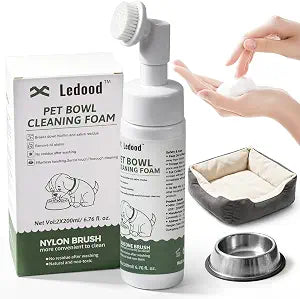Ledood Portable Pet Bowl Cleaning Mousse with Brush, for Dogs & Cats Bowls and Toys, Pure Plant Extract, Comes with Nylon Brush, Hand-Friendly, Easy to Clean - 6.8 * 2 Fl Oz