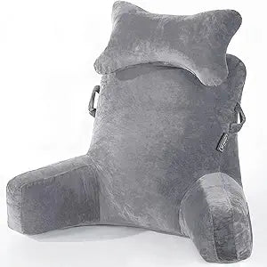 SLIGUY Reading Pillow-Bed Rest Pillow with Detachable Neck Roll & Support Arm for Sitting in Bed Couch or Floor-Backrest Reading Pillow Adult Back Pillow for Reading/Watching TV/Gaming,Dark Grey