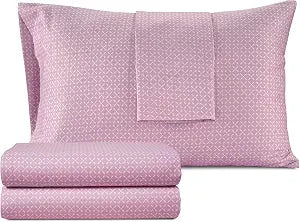 Izod Queen Bed Sheet Set, 100% Cotton Sateen Silky, Pink Mosaic, Soft, 4Pc