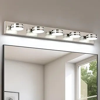 Brushed Nickel Bathroom Light Fixtures Over Mirror, 5-Light Bathroom Vanity Light, LED Dimmable Bath Lights, Modern Dimmable Vanity Lighting with Rotating Lamp Head, 5500K