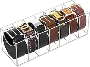 NIUBEE Belt Organizer, Acrylic Belt Storage Holder for The Closet, 7 Compartments Display Case for Tie and Bow Tie