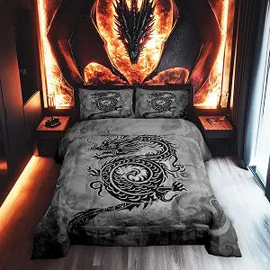 Castle Fairy Dragon 3 Pcs King Size Comforter Set,Vintage Black Gray Graffiti Down Alternative Adults Bedroom Decor,Exotic Chinese Style Wildlife Animal Ultra Soft Microfiber Inner Fill 3Pcs Bedding