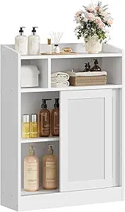 CHOEZON Slim Bathroom Storage Cabinet, Bathroom Floor Cabinet, Storage Organizer with Toilet Paper Holder, Sliding Doors and Adjustable Shelf, for Small Spaces, Bathroom, Living Room, Kitchen, White