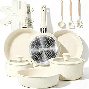 Ammeloo Ceramic Pots and Pans Set Non Stick, Ceramic Cookware Set with Removable Handles, Stackable Space Saving, Induction & Oven & Dishwasher Safe, For Small Kitchen, Apartment, RV, Cream White