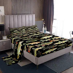 Feelyou Kids Fishing Sheet Set Queen Size Vintage Pike Fish Bed Sheets Set for Boys Girls Room Decor Fishing and Hunting Sheets with Deep Pocket Fitted Sheet Women Men Bedding Set,4Pcs