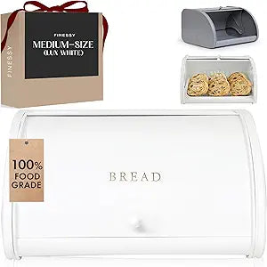 Modern Metal White Bread Box for Kitchen Countertop for Homemade Loaf Sourdough, Roll Top Breadbox for Kitchen Countertop Storage Container Bin, Farmhouse Stainless Steel Bread Keeper for Counters
