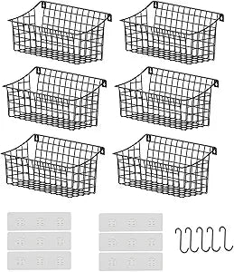 Sonyabecca 6 Pack Hanging Wall Basket for Organizing, Large Wire Basket for Storage Pantry with 5 S Hook+6 Adhesive Hook, Wall Mounted Shelf for Kitchen Bathroom