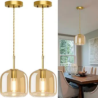 Pendant Lights Kitchen Island 2 Pack,Gold Pendant Lights with Glass Shade,Vintage Hanging Light Fixture Adjustable Cord for Kitchen,Dining Room,Hallway,Living Room,Foyer, Entryway