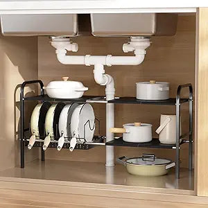 Under Sink Organizer 2 Tier Kitchen Storage Rack, Expandable Pot and Pan Organizer with Adjustable Height & 4 Dividers, Removable Kitchen Shelf for Cabinet, Countertop(6panels,1 Pot rack, Black)