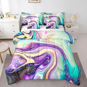Rainbow Watercolor Bedding Comforter Sets 7pcs Colorful Tie Dye Bed in a Bag, Girly Pink Purple Queen Bedding Sets Abstract Marble Comforter Set, Teal Black Gold Glitter Bedding Sets & Collections