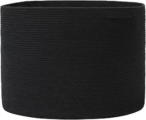 24" x 24" x 17" Max Size Large Cotton Rope Basket, Extra Large Storage Basket, Woven Laundry Hamper, Cloth Storage Bin, for Blankets Clothes Towels Pillows in Living Room, All Black
