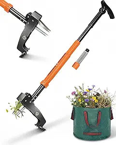 HAUSPROFI Stand Up Weed Puller Tool with 36-46 Inch Adjustable Long Handle and 50L Garden Bag, Heavy Duty 4-Claw Stainless Steel Weed Remover Tool with Automatic Rebound Design for Deep Roots