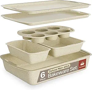 Bakken Swiss - Bakeware Set  6 Piece  Stackable, Deluxe, Non-Stick Baking Pans for Professional and Home Cooking  Carbon Steel, White Stone Coating