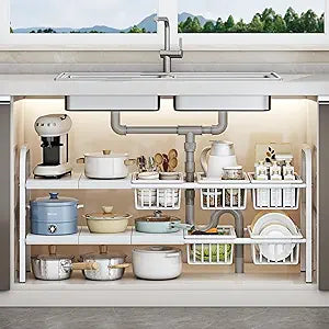 Under Sink Organizer2 Tier Expandable Heavy Duty Metal Shelfwith 5 Removable Panels and 5 Storage Basket for Under Kitchen Bathroom Sink Organizers and Storage(White, Large)