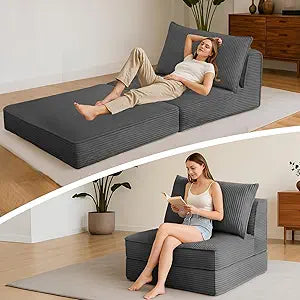Folding Sofa Bed, Convertible Sleeper Chair with Pillow,Corduroy Comfy Floor Futon for Living Room Bedroom,Modern Accent Reading Chair,No Assembly Required,Grey
