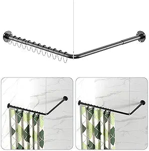 L Shaped Shower Curtain Rods, Adjustable (23''-69'' X 23''-69'') Corner Shower Rod with 12 Shower Curtain Rings, All 304 Stainless Steel, for Bathroom, Bathtub, Clothing Store, Need to Drill, Black