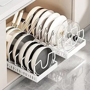 2 Pack Pull Out Pots and Pans Organizer for Cabinet & Countertop, Kitchen Cabinet Organizer with 8 Adjustable Dividers, Storage for Pot Lid, Dishes, Bakeware, White