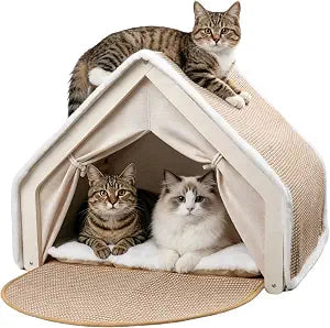 Cat Houses for Indoor Cats with Natural Sisal Scratcher Mat,Curtains,Bed and Floor RugSolid Wood Frame Cat Cave,Cat Scratch House