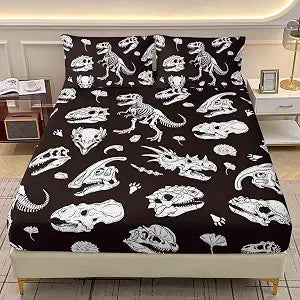 AILONEN Fossil Dinosaurs Skull Fitted Sheet Set Twin XL Size,Black and White Dinosaur Bedding Set for Kids Boys Teens,Ancient Animal Bed Sheet + 2 Pillowcases,3-Piece