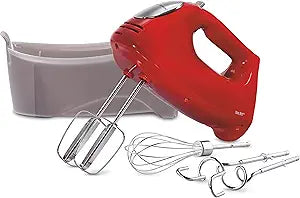 Hamilton Beach 6-Speed Electric Hand Mixer with Whisk, Traditional Beaters, Dough Hooks, Snap-On Storage Case, 275 Watts, Red