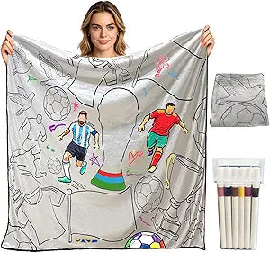 Coloring Blankets for Adults, Soccer Theme 60" * 50", DIY Personalized Art Relax Throw Washable Blanket with 24 Colored Pens, Unique Creative Gift for Family Game Night