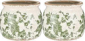 2 Pcs Vintage Planter Ceramic Plants Pot with Drainage Ice Crack Scroll Flower Vase Pot for Indoor Outdoor Plants Home Kitchen Decor Gifts (Vintage Floral,5.9")