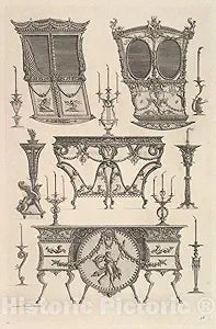 Historic Pictoric Art Print : Miscellaneous Furniture Including Two Sedan Chairs, a Side Table and a Commode - Artist: Giovanni Battista Piranesi - Created: c1769 : Vintage Wall Dcor : 24in x 36in