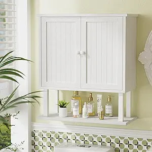 AmazerBath Bathroom Wall Cabinets, Bamboo Over The Toilet Storage Cabinet with Adjustable Shelves, Large Wall Mounted Medicine Cabinets with 2 Doors for Small Spaces, White, 9" D x 21.3" W x 23.8" H
