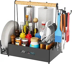 Grill Caddy, BBQ for Outdoor Grill with 2 Paper Towel Holders, Picnic BBQ Condiment Utensil Organizer Caddy for Outdoor Cooking, Rv, Camping Essential, Camper Must Haves,Gifts for Men